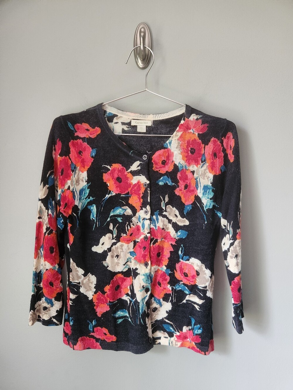 Garnet Hill Floral Cardigan 100% Merino Wool Women's Size Small NWOT